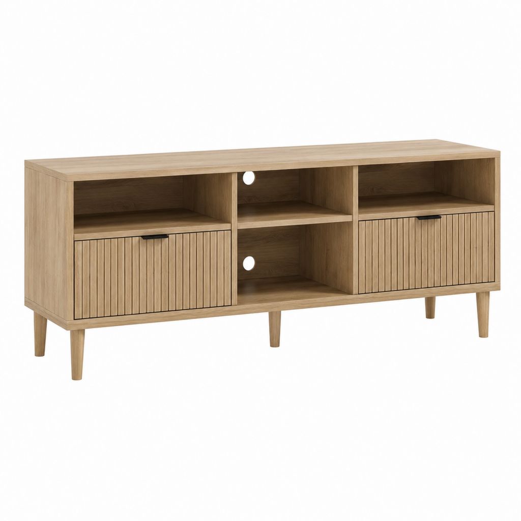 Meuble TV rectangulaire chêne clair en panneaux MDF 140 x 40 x 60 cm avec 2 portes et passe-câbles