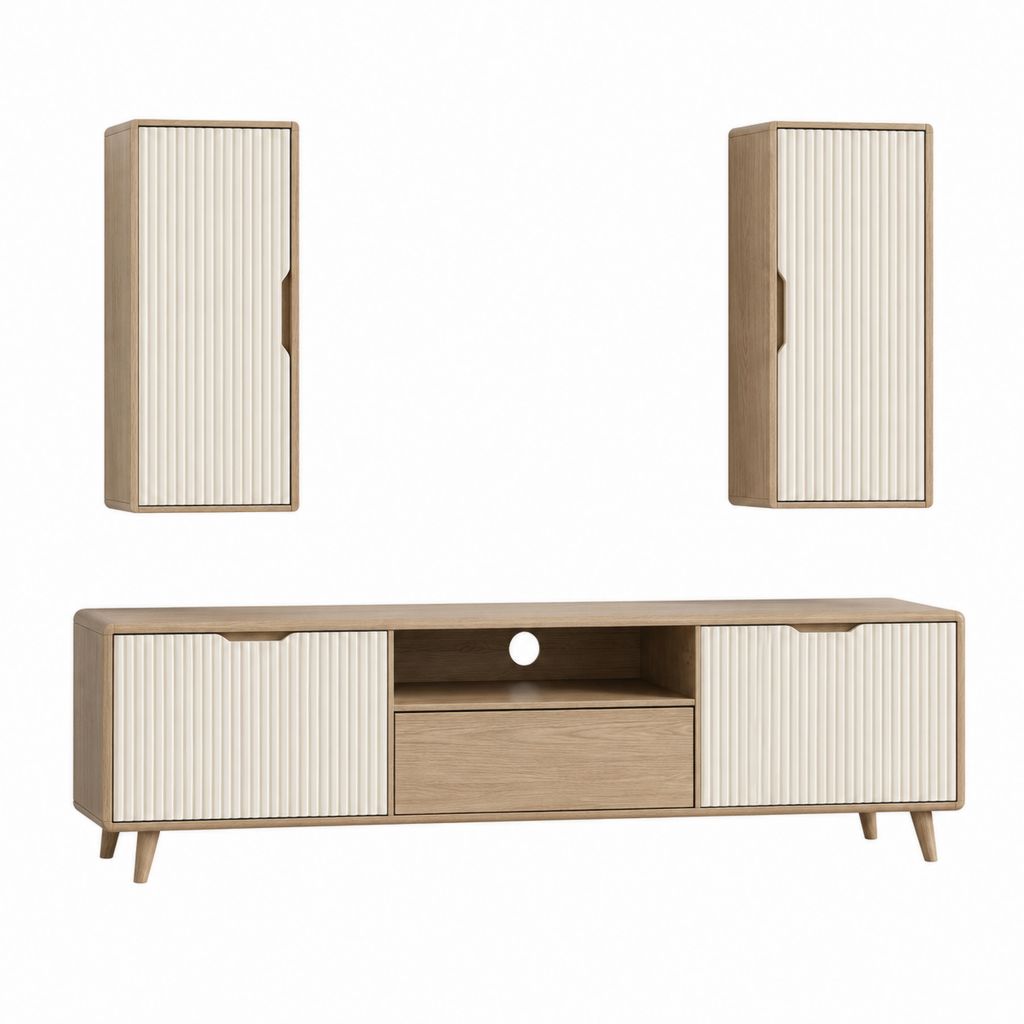 Ensemble meuble TV avec 2 armoires murales chêne clair et blanc crème en MDF 180 x 40 x 50 cm