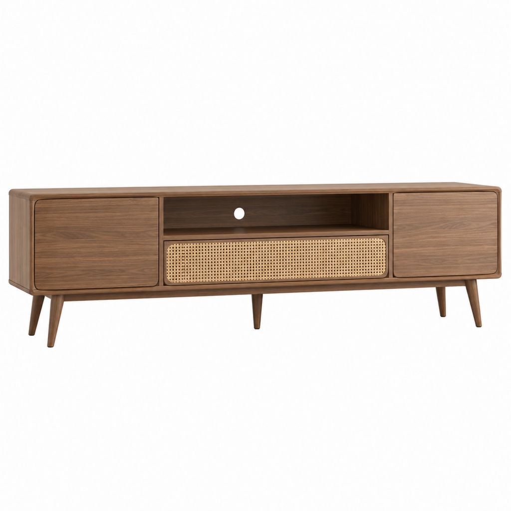 Meuble TV 180 cm en panneaux MDF plaqués noyer avec cannage en rotin naturel rectangulaire