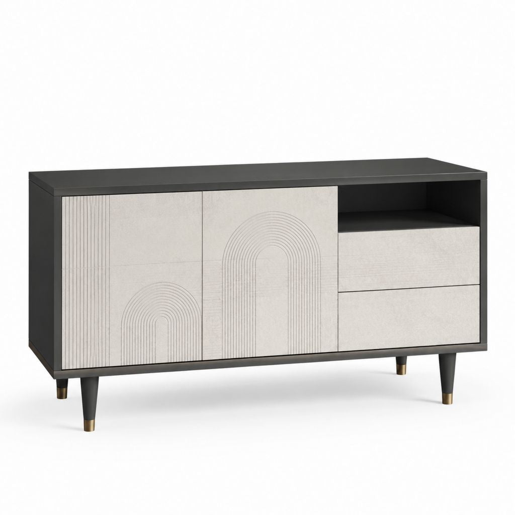 Meuble TV rectangulaire noir et gris clair en MDF mélaminé 160 x 40 x 80 cm avec 2 portes et 2 tiroirs