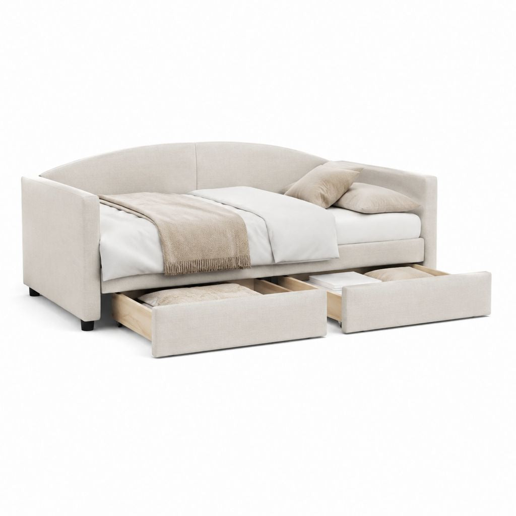 Canapé-lit droit beige en polyester avec 2 tiroirs 218 x 102 x 85 cm couchage 200 x 90 cm