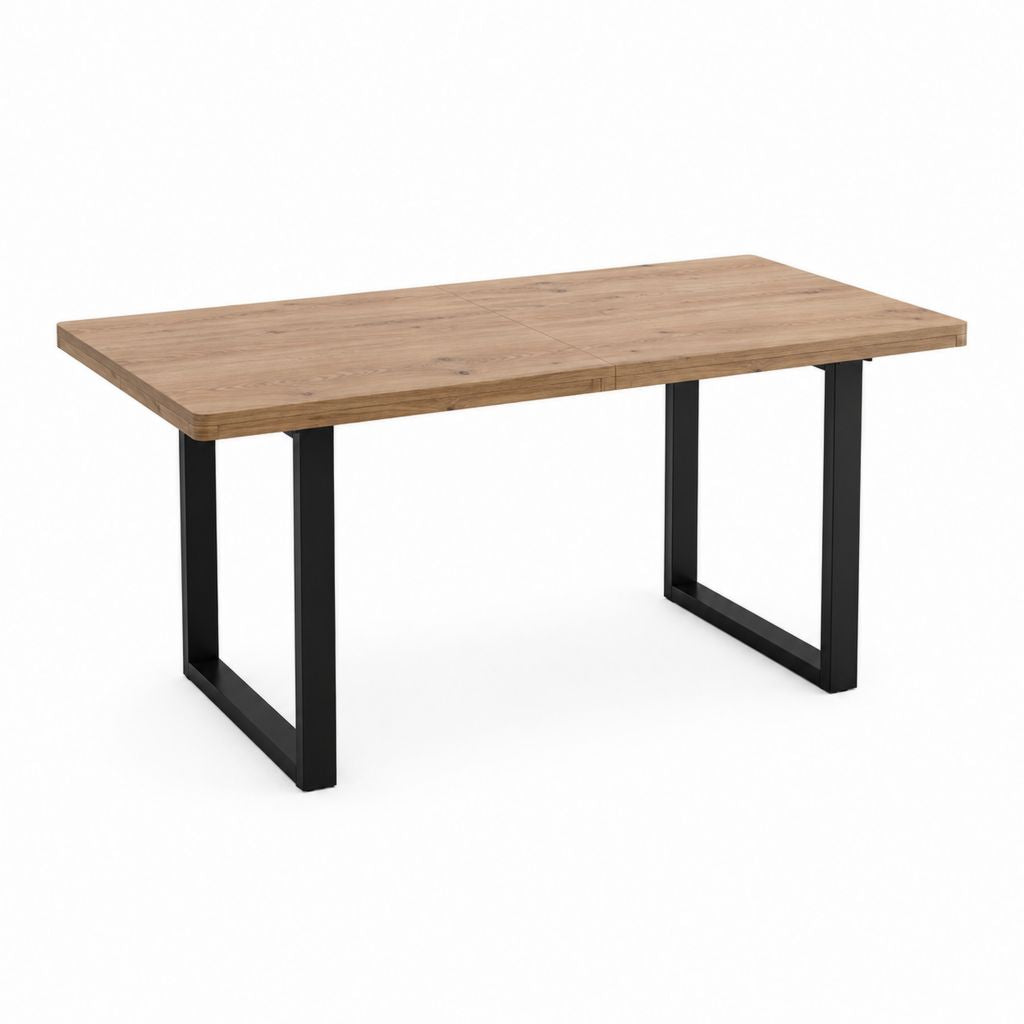 Table à manger extensible rectangulaire chêne clair et acier noir 160-200 x 90 x 76 cm