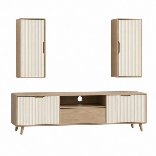 Ensemble meuble TV avec 2 armoires murales chêne clair et blanc crème en MDF 180 x 40 x 50 cm