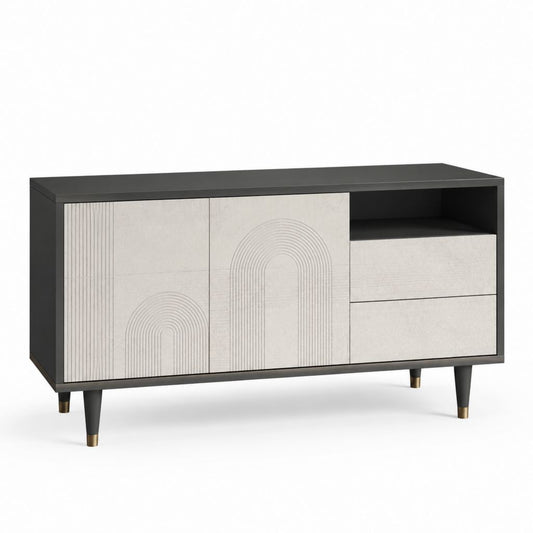 Meuble TV rectangulaire noir et gris clair en MDF mélaminé 160 x 40 x 80 cm avec 2 portes et 2 tiroirs
