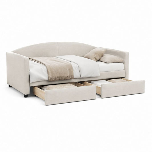 Canapé-lit droit beige en polyester avec 2 tiroirs 218 x 102 x 85 cm couchage 200 x 90 cm