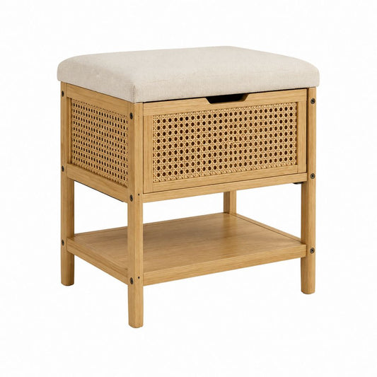 Banc à chaussures avec rangement en bambou naturel et cannage en rotin avec coussin beige 60 x 35 x 50 cm