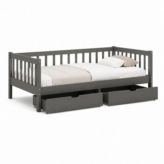 Lit banquette 90 x 190 cm anthracite en pin massif avec 2 tiroirs de rangement