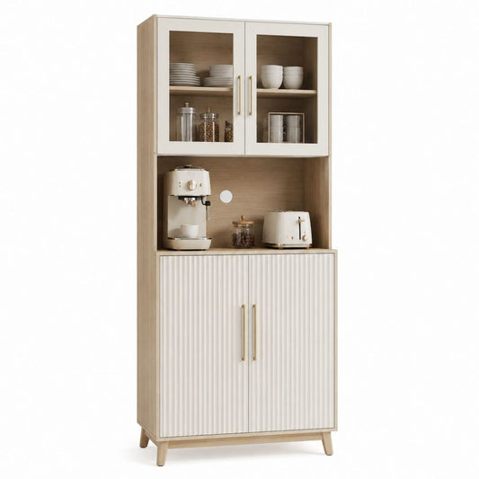 Buffet de cuisine haut 4 portes blanc et chêne en panneaux mélaminés avec vitrines 80 x 40 x 180 cm